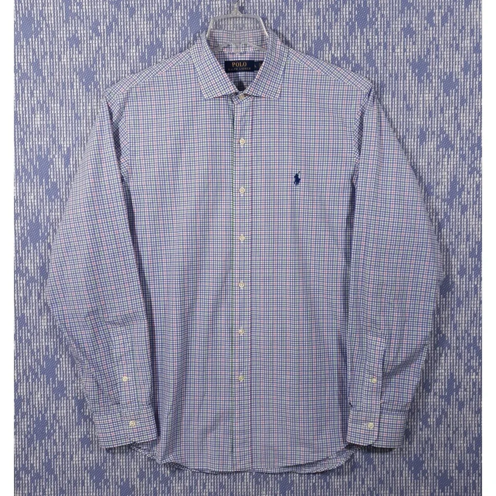 Polo Ralph Lauren Shirt Mens Large Plaid Blue Pony Logo 100% Cotton